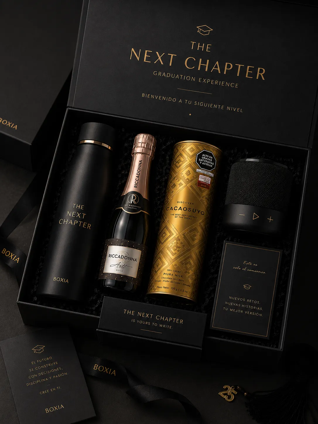 KIT Graduado BOXIA con termo digital, mini mix de chocolate, espumante y parlante Bluetooth